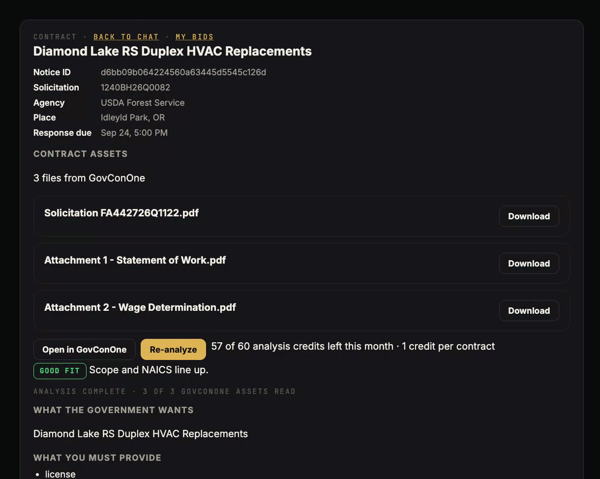 One contract opened: notice details, the three solicitation files, a good-fit verdict and what the government wants.