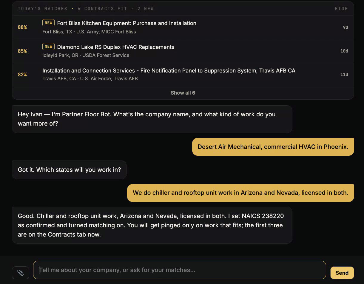 Partner Floor Bot chat: the member describes chiller and rooftop work in Arizona and Nevada, and the bot confirms the trade code and turns matching on.