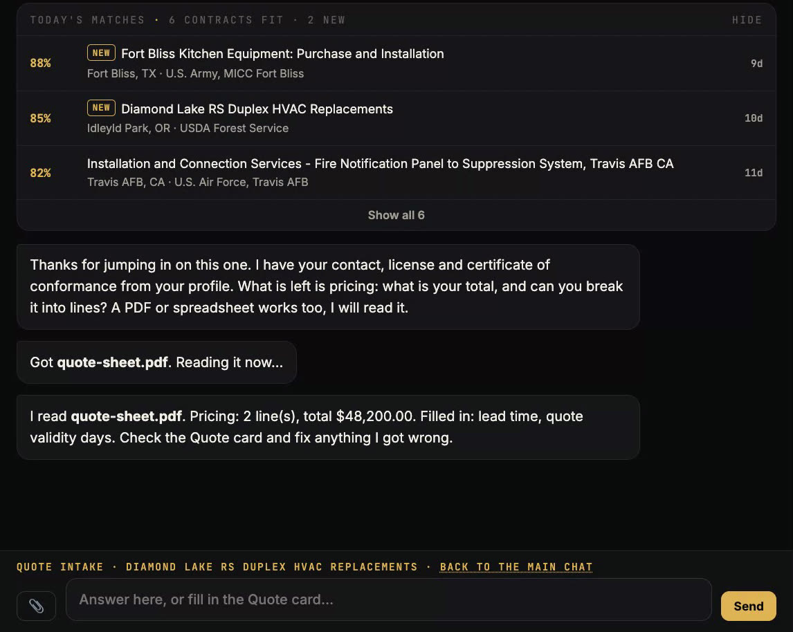 The bot reads quote-sheet.pdf and reports two pricing lines totaling $48,200, with lead time and validity filled in.
