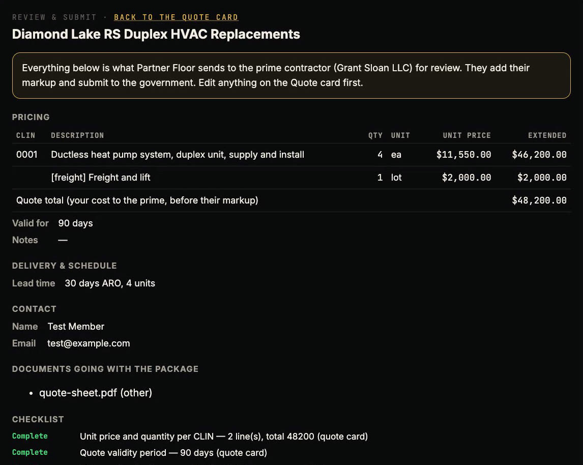 Review screen: the pricing table, lead time, contact, documents and a checklist, ready to send to the prime contractor.