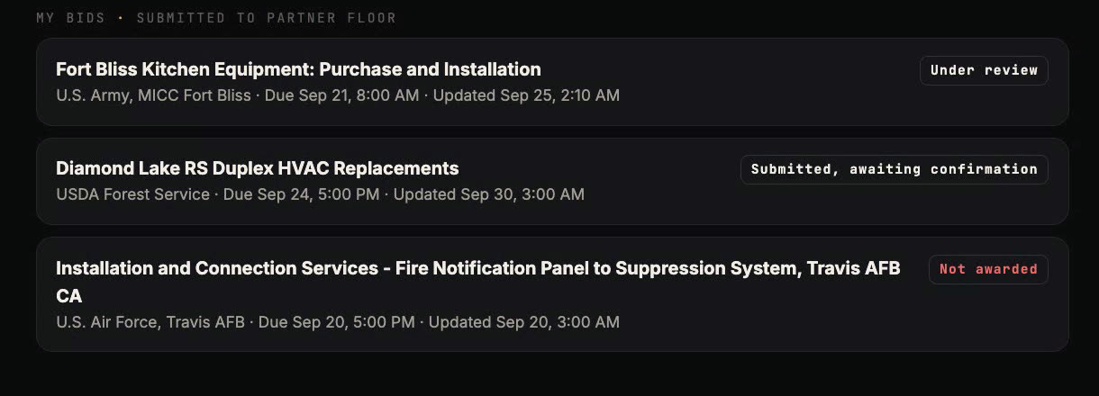 My bids: three bids with their stages, under review, submitted and awaiting confirmation, and not awarded.